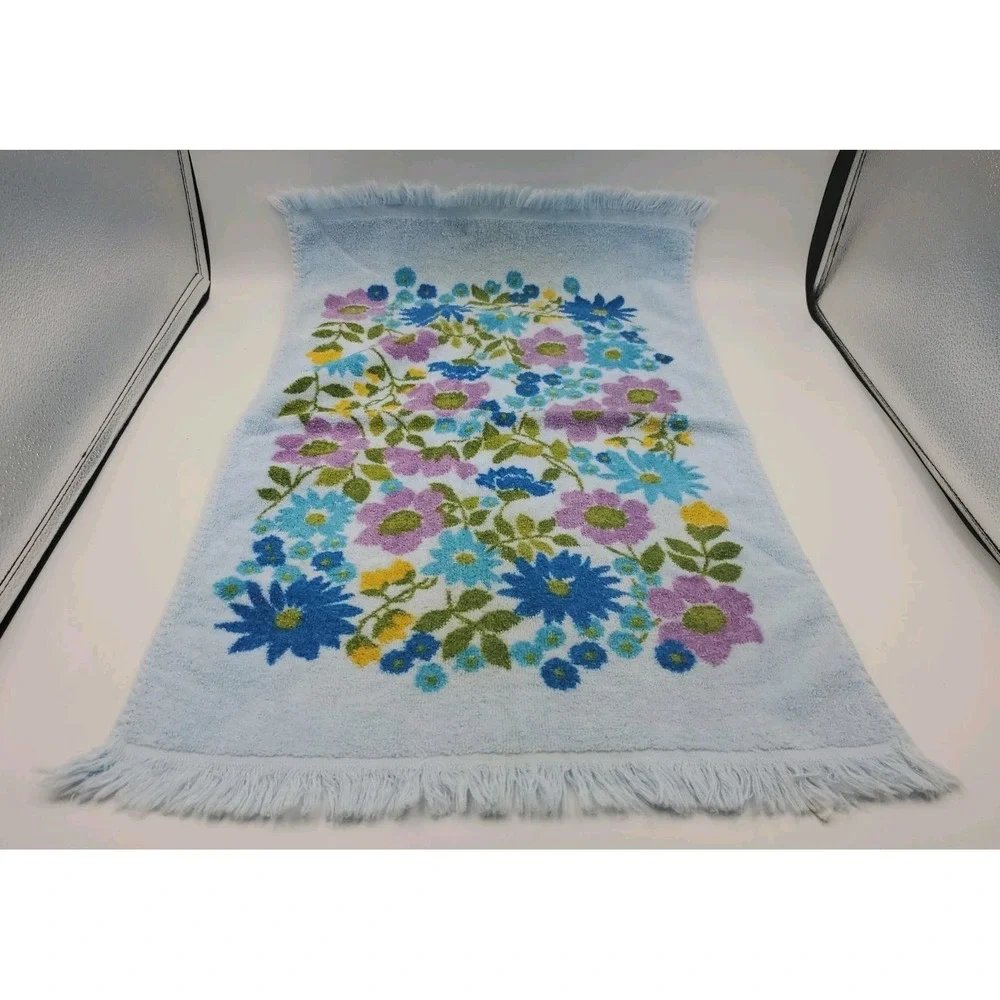 Vintage Cannon State Pride Blue Roses Floral Hand Towel Fringe 14X24